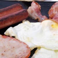Ham & Eggs Platter · Fresh cooked eggs platter with customer's choice of eggs preparation and ham. Served with si...