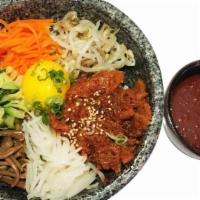 Bibimbap · Rice bowl with carrot, zucchini, fern, radish, mung bean sprout, egg, and choice of protein ...