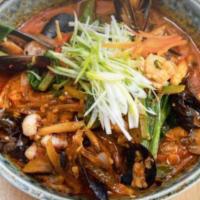 Seafood Ramen · spicy seafood ramen with squid, mussels, shrimp and sauteed vegetables