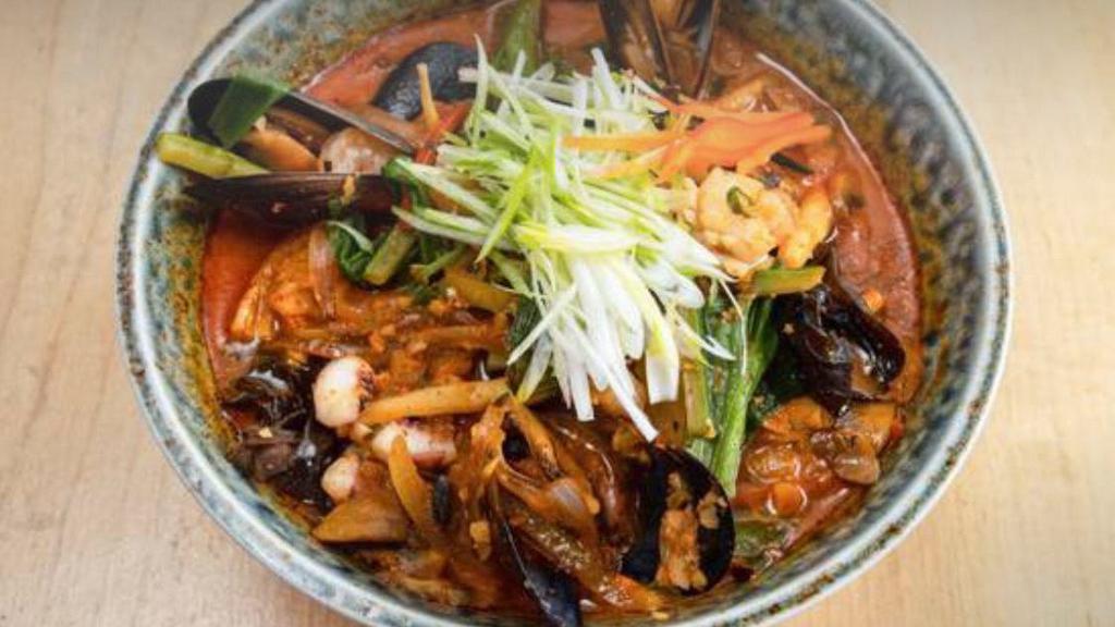 Seafood Ramen · spicy seafood ramen with squid, mussels, shrimp and sauteed vegetables