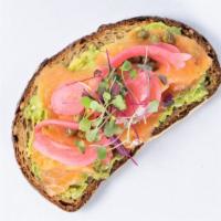 Salmon Avocado Toast · Avocado mash, smoked salmon, capers, pickled radish, micro-greens on toasted Multigrain bata...