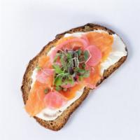 Salmon Toast · Cream cheese, smoked salmon, micro-greens, capers, olive oil vinaigrette, pickled radish on ...