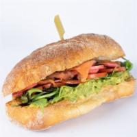 Salmon Avocado Sandwich · Avocado mash, smoked salmon, tomatoes, arugula, pickled radishes/onions & balsamic glaze on ...