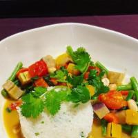 Vegan Thai Curry · Bamboo Shoots, Bok Choy, Haricot Verts, 
Eggplant, Tomatoes, Coconut Jasmine Rice