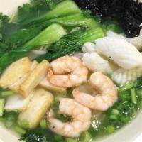 Seafood Ramen W. Soup · Shrimp, squid, fish tofu and bok choy. Hand-pulled la-mien noodles in soup.