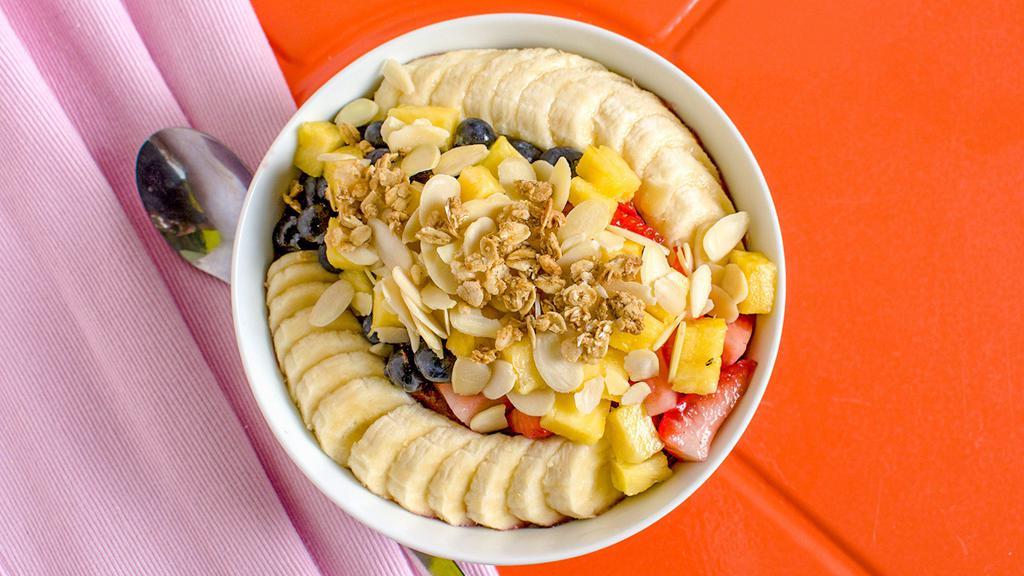 Acai Bowl · Our all organic classic acai bowl consist of layered granola, acai, strawberries, blueberries and bananas.