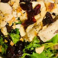 Fancy Salad · Spring mix topped with almonds, feta cheese, dried cranberries & grilled chicken served with...