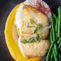 Halibut · Jasmine Rice | Sweet Potato Puree | Haricot Vert | White Wine Butter Sauce