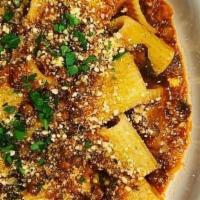 Vegan Mushroom And Lentil “Bolognese” · Rigatoni Pasta | Cashew Parmesan
