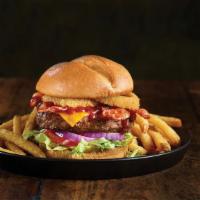 Smokehouse Burger · We recommend these flavorful favorites any day. Cheddar cheese, applewood smoked bacon, barb...