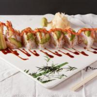 Crystal Bubble Roll · Shrimp tempura, radish, lettuce and cucumber wrapped in soy paper, topped with shrimp, avoca...