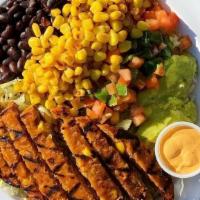 Vegan Mexicano · Chipotle bean patty, roasted corn, lettuce, pico de gallo, black beans, brown rice guacamole...