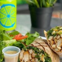 Chicken Kale Caesar Wrap · Grilled chicken, kale, parmesan cheese, croutons and caesar dressing in your choice of wrap