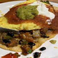 Java Jazz Huevos Rancheros · Eggs any style, red & green bell pepper, onion, chorizo, tomato, & black beans topped with c...