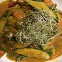 Frisco'S Vegetable Curry · Sautéed zucchini, yellow squash, red & green bell pepper, carrot, & onion in a creamy homema...