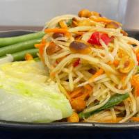 Som Tum Thai · Gluten free, spicy, vegetarian. Papaya salad Bangkok style with papaya, tomato, long beans, ...