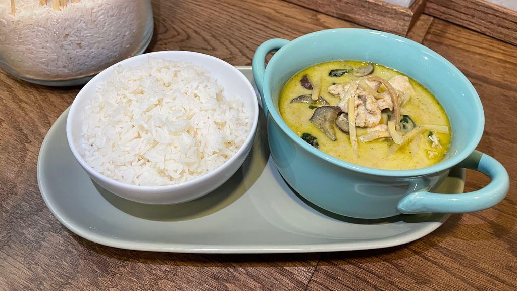 Green Curry · Gluten free. Traditional green curry with coconut milk served with steamed jasmine rice.