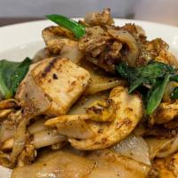Pad See Ew · Vegetarian. Fresh rice noodles with meat, egg and Chinese broccoli wok fried in house blend ...