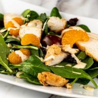 Honey Mustard Salad · Spinach, grape tomatoes, carrots, mandarin orange, cranberries, and almonds.
