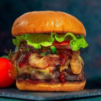 Blessed Bbq Vegan Burger · Seasoned Beyond Meat patty perfectly cooked, topped with melted vegan cheddar cheese, bbq sa...