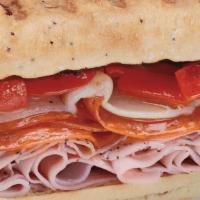 Sicilian · Slow-cured ham, prosciuttini, pepperoni, provolone and roasted red peppers with creamy Itali...