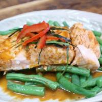 Chu Chee Salmon · Spicy. Grilled fillet salmon topped with chu chee curry, steamed mixed vegetables and lime l...