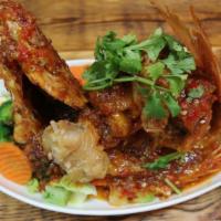 Pla Rad Prik · Spicy. Deep fried whole fish red snapper topped with spicy chili sauce.
