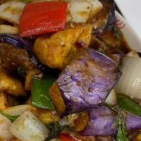 Eggplant Basil · Vegetarian. Sautéed eggplant, onion, bell peppers, basil leave, fried tofu and spicy basil s...
