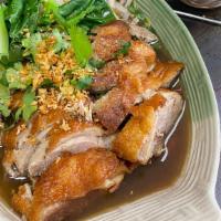 Guay Tiew Ped · Roasted duck with rice noodles, bean sprouts, steamed Chinese kale, scallions.