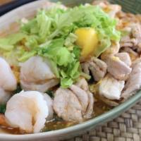Thai Suki Yaki · Thai style shabu shabu glass noodle with chicken, pork, shrimp, napa cabbage and scrambled e...