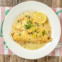 Sogliola Francese (Sole Francese) · Sole dipped in egg batter sauteed in lemon butter sauce.