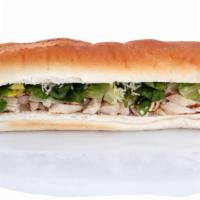 Philly Chicken Sandwich · Thinly sliced chicken with melted cheese topped with peppers and onions on a fresh-baked roll.