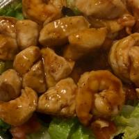 Hawaiian Salad Combo · Hawaiian chicken & shrimp, romaine lettuce, tomato, cranberry and Hawaiian Ono sauce