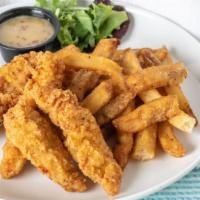 Crispy Fingers · Chicken dusted in our blu breading; served with fries and honey mustard.