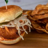 Crispy Chicken · With celery root slaw, spicy mayo, and pickles on a Martin's potato roll. Served with house ...