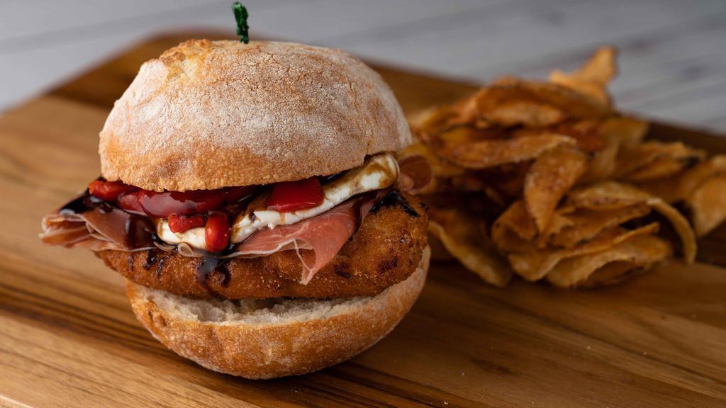 Brooklyn'S Best · Chicken cutlet, prosciutto, fresh mozz, roasted red pepper and balsamic glaze on toasted ciabatta. Served with house made Kettle Chips.
*No substitutions for chips*