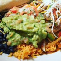 Vegetables Plato De Fajita · Served with rice, beans , sour cream or low fat yogurt, salsa and three corn tortillas.