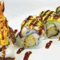 Tiger Crunch Roll · Shrimp tempura, crab meat inside, eel, avocado on lop with eel sauce.