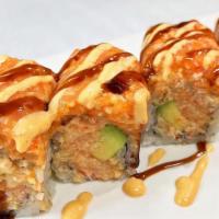 Manhattan Roll · Lobster salad, avocado inside, spicy salmon on top witheel sauce & spicy mayo.
Consuming raw...