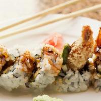 Angry Dragon Roll · No raw fish. Shrimp tempura with spicy kanikama, avocado, mango, and spicy mayo.