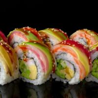 Rainbow Roll · Cornucopia of red & white tuna, salmon, hamachi, and kanikama.