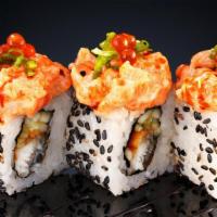 Samurai Salmon Roll · Smoked salmon, eel, avocado, spicy salmon & bonito topping.