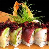 Dragonfish Roll · Tempura shrimp, tuna, hamachi, and three caviars.