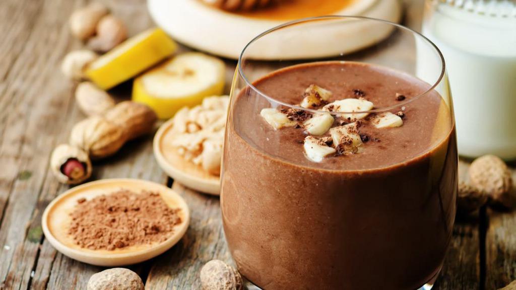 Peanut Butter Cup Smoothie · Banana and dark chocolate fortified with organic peanut butter.