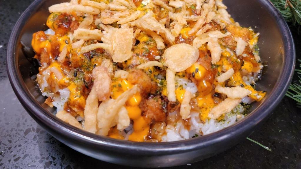 Regular Sweet Teriyaki Sauce Bowl · Rice, Crispy chicken tenders, Furikake, Fried crispy onions, Sriracha mayo and Sweet teriyaki sauce