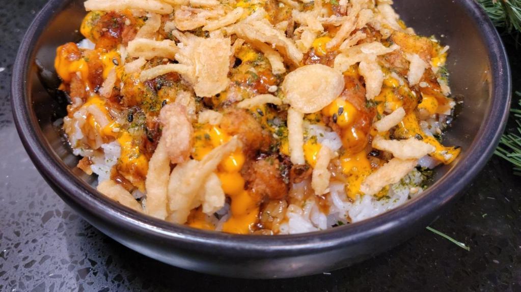 Mini Sweet Teriyaki Sauce Bowl · Rice, Crispy chicken tenders, Furikake, Fried crispy onions, Sriracha mayo and Sweet teriyaki sauce