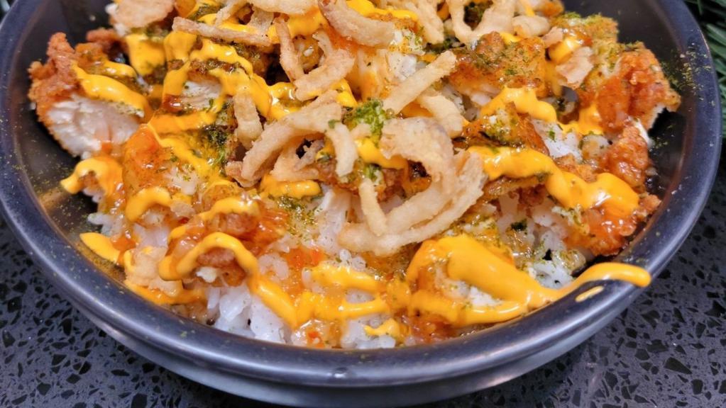 Mini Sweet Asian Chili Bowl · Rice, Crispy chicken tenders, Furikake, Fried crispy onions, Sriracha mayo and Sweet asian chili sauce