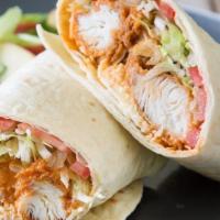 Buffalo Chicken Wrap · Breaded chicken smothered in buffalo sauce, lettuce, tomatoes and bleu cheese dressing.