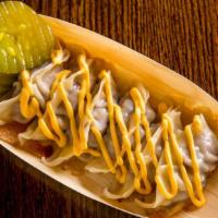 Cheeseburger Dumplings · Six pieces. Ground beef with onions and three cheese blend. Served with a cheese sauce, pick...