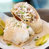 Burrito Regular · With choice of protein, rice, black beans, sour cream, mozzarella cheese, cotija cheese and ...